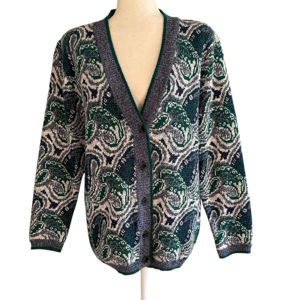 Vintage LeFolio Navy/Green/White Paisley Knit Button Front Cardigan Sweater Sz S